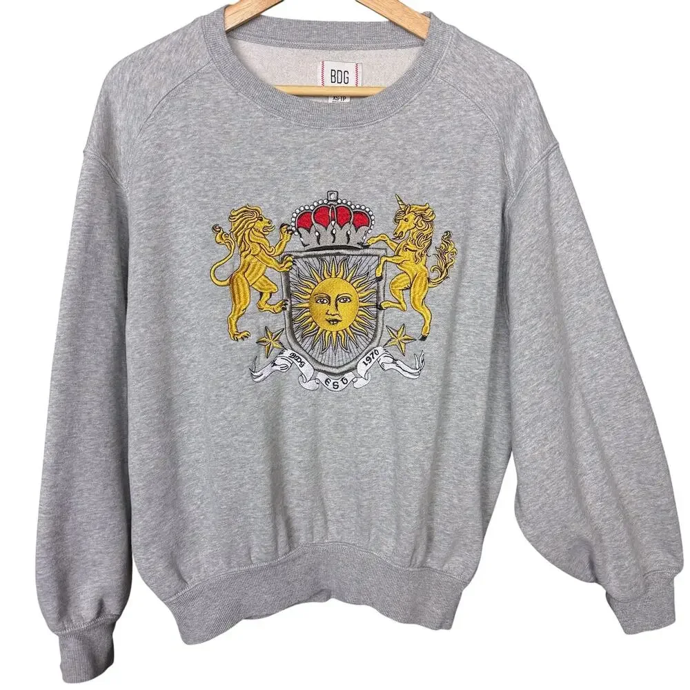 Urban Outfitters BDG Crest Unicorn Lion Pullover Sweatshirt XS Celestial Sun